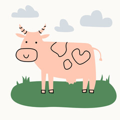 Simple minimalist illustration of a cow smiling in a meadow under a sky with clouds in natural muted colors isolated on a white background