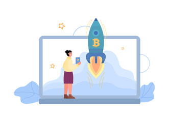 Woman launching rocket with sign of bitcoin, flat vector illustration isolated.