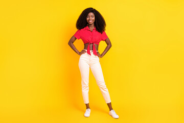 Fototapeta na wymiar Full length body size view of lovely cheerful slender fashionable girl hands on hips isolated over bright yellow color background