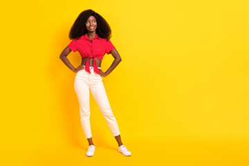 Fototapeta na wymiar Full size photo of nice optimistic brunette lady look empty space wear red top trousers isolated on yellow color backgound