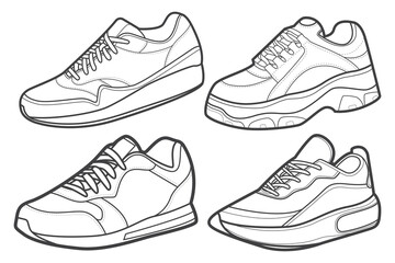 4 Cool Sneakers. Shoes sneaker outline drawing vector, Sneakers drawn in a sketch style, black line sneaker trainers template outline, Set Collection. vector Illustration.