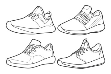 4 Cool Sneakers. Shoes sneaker outline drawing vector, Sneakers drawn in a sketch style, black line sneaker trainers template outline, Set Collection. vector Illustration.