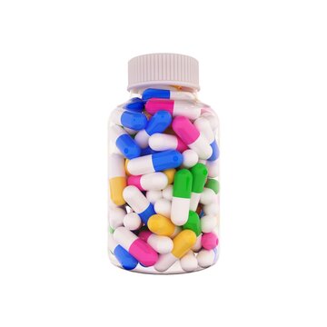 Colored capsules for medicines or food supplements in transparent plastic. Isolated white background. 3d rendering