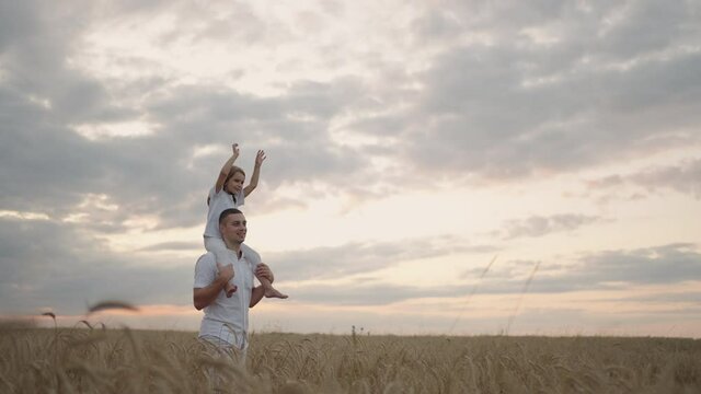 Daddy carries on his shoulders his beloved little healthy daughter in sun. In slow motion, the daughter walks with her father on the field and free and happy waves her hands up. walking in field.