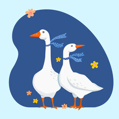 Two white geese in polka-dot scarves on a blue background with flowers. Illustration of cute farm animals for kids. Vector funny print with goose. Poster for children's room decor.