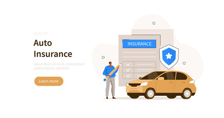 Character signing auto insurance policy form.  Car insurance services. Auto safety, assistance and protection concept. Flat cartoon vector illustration.