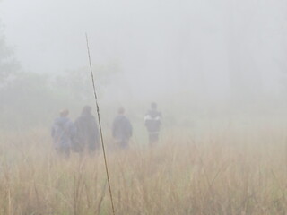 Hikers in Nepalese mist 