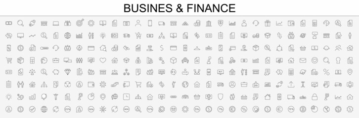 Big set Business icons. Business and Finance web icons. Vector business and finance editable stroke line icon set with money, bank, check, auction, payment, wallet, deposit.  Vector illustration.