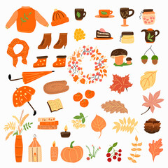 A set of autumn elements with clothes and leaves and food.