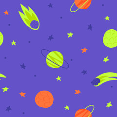 Obraz na płótnie Canvas Seamless space background with planets and stars. Space design of baby products. Flat vector illustration.