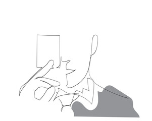 Continuous line drawing with holding a card. Hand giving a card business on white background. Vector illustration
