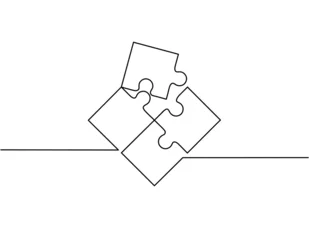 Selbstklebende Fototapete Eine Linie Continuous line drawing of puzzle, pieces problem solving business, object one line, single line art, vector illustration