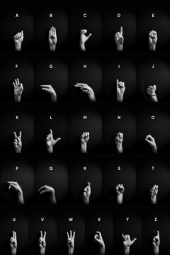 B&W image of hands demonstrating ASL sign language letters full alphabet A-Z with text