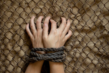 female hands tied with stars rope hold on to a metal fence, imprisonment, slavery