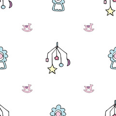 Background pattern with kids toys, mechanical musical toy and horse, rattle. Vector illustration. Design for wallpaper and wrapping, fabric and textile.