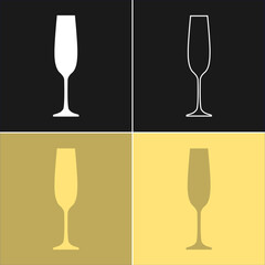 Glass champagne. Four types of images. Contour line art in flat style. Silhouette wine glasses on a color background. Restaurant alcoholic illustration for celebration design. Beverage outline icon