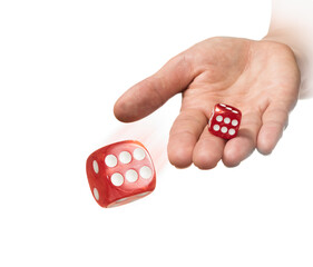 Hand throws dice on white isolated background. Concept of online casino.