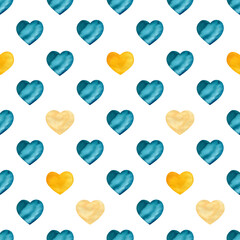 Seamless watercolor hearts pattern. Turquoise and yellow simple hand painted pattern for textile, wrapping paper, cloth, fabric, greeting card. Valentine's day background