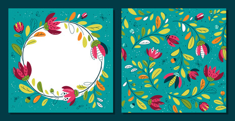 Multicolored flowers in flat style - seamless pattern and framе, banner. Background for fabric, textile, wallpaper, poster, web site, card, gift wrapping paper 