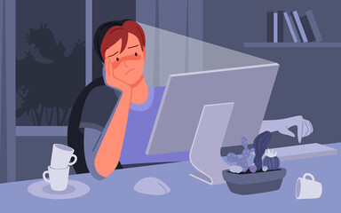 Freelance worker sitting at night to work hard vector illustration. Cartoon depressed bored unhappy man character working late at home, overworked young male student or freelancer writing background