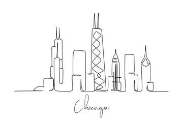One single line drawing of Chicago city skyline, United States. Historical town landscape in the world. Best holiday destination. Editable stroke trendy continuous line draw design vector illustration
