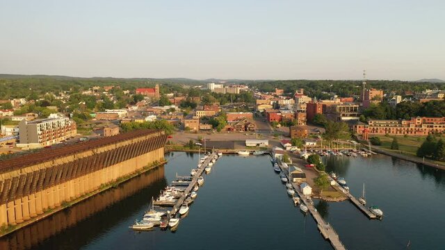 Aerial view of downtown of city of Marquette, Michigan state. Establishing shot of a small American city 