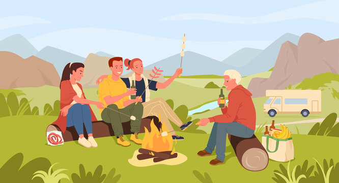 Friends people cooking marshmallow, camping in summer landscape vector illustration. Cartoon young happy woman man characters sitting by campfire, spend fun time together, active lifestyle background