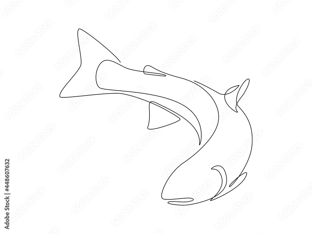 Aufkleber salmon fish in one continuous line drawing. wild trout silhouette in linear sketch style on white ba