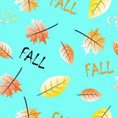 Seamless pattern of autumn falling yellow leaves and the words "fall" leaves on a light blue background for textiles.