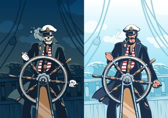 Ship Captain at helm against sea background - vintage poster template. Pirate seaman with skull face. Retro poster.