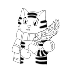 The outline of tiger in a striped scarf and mittens holding a spruce branch decorated with a Christmas ball in its paws. Сartoon hand drawn illustration.