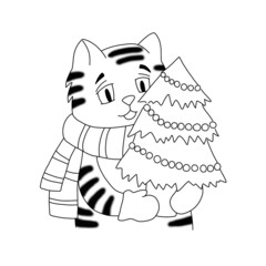 The outline of tiger in a striped scarf and mittens holding in its paws a small Christmas tree decorated with beads. Сartoon hand drawn illustration.