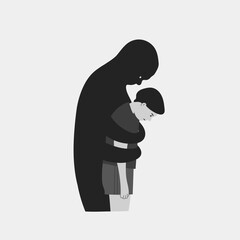 Giant shadow hugging a person. Mental health or disorder concept. Illness, phobia, impairment, psychiatric or psychological problem. Cartoon style. Flat design. Hand drawn Vector illustration