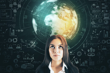 Portrait of attractive young europea businesswoman with creative business sketch and globe hologram on chalkboard wall background. Success, seminar and startup concept. © Who is Danny