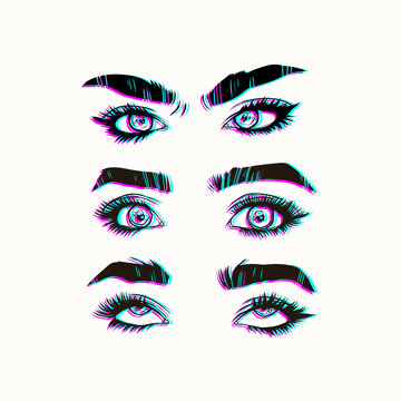 Set of Beautiful female Eyes with long Eyelashes and Brows. Close up emotional fashion look. Hand drawn Vector illustration. Brow bar, beauty salon concept. Logo, poster or print template. Neon style
