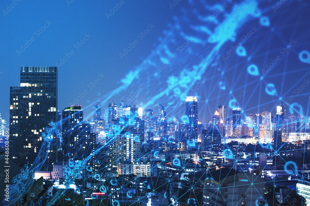 Poster creative glowing digital mesh with map markers on illuminated night city backdrop. geo position and 