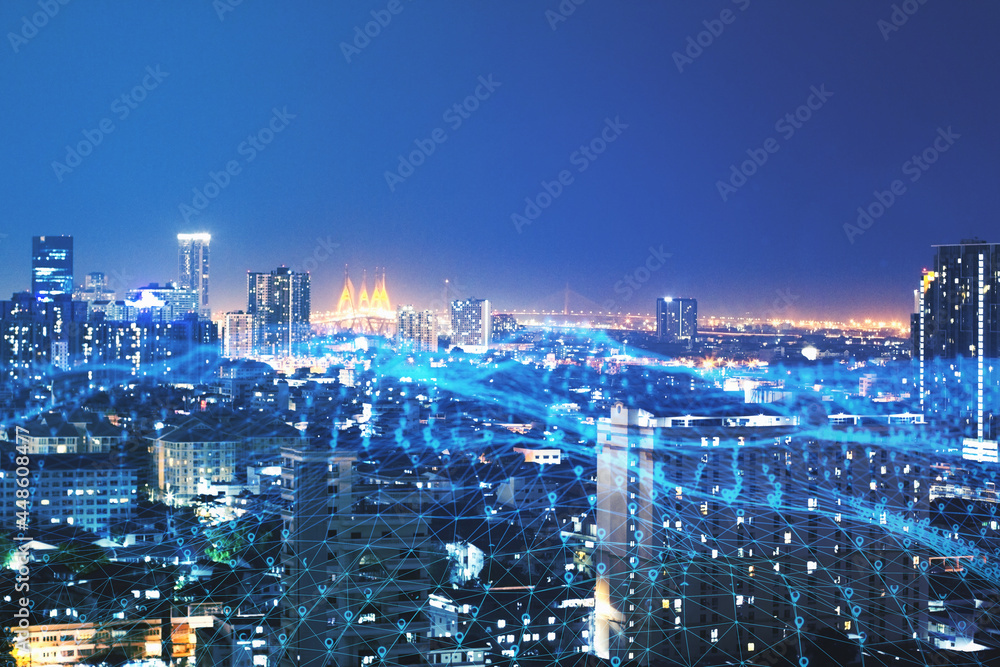 Poster creative glowing digital mesh with map markers on illuminated night city backdrop with mock up place