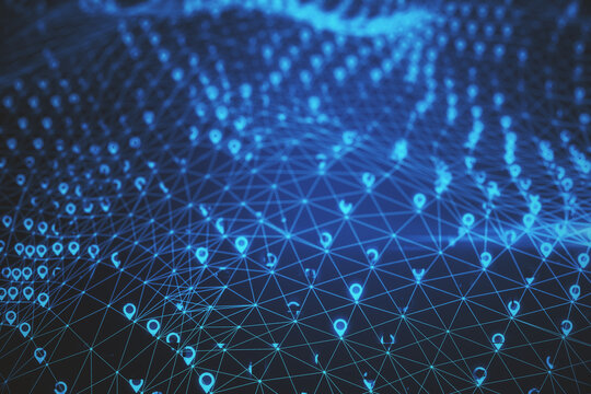Bright glowing digital mesh with map markers on blue background. Geo position and location concept. 3D Rendering.