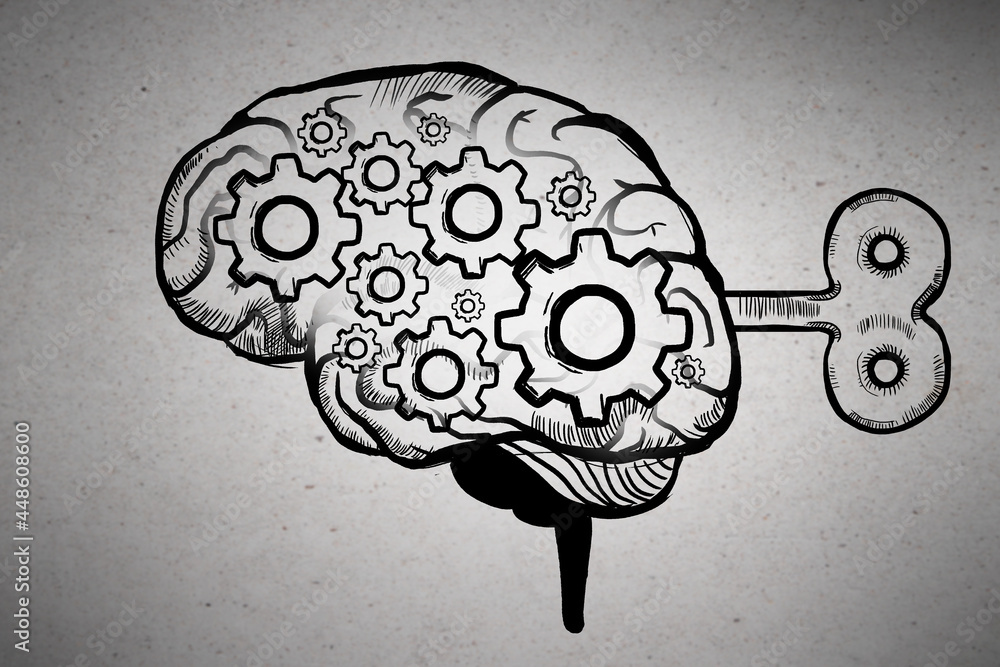 Poster creative brain sketch with wind-up mechanism on concrete wall background. intelligence, strategy, kn