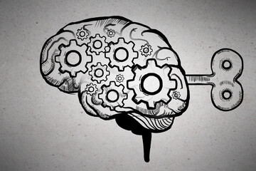 Creative brain sketch with wind-up mechanism on concrete wall background. Intelligence, strategy,...
