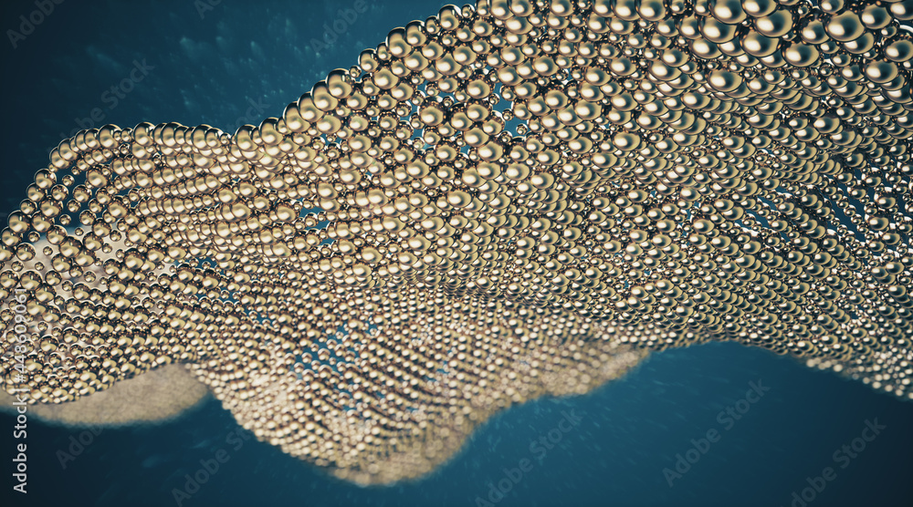 Poster creative shiny bubble wave on blue backdrop. landing page concept. 3d rendering.