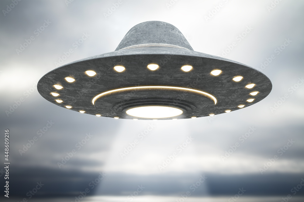 Poster Abstract grey UFO flying in blurry dull sky with mockup place. Spaceship and science concept. 3D Rendering.