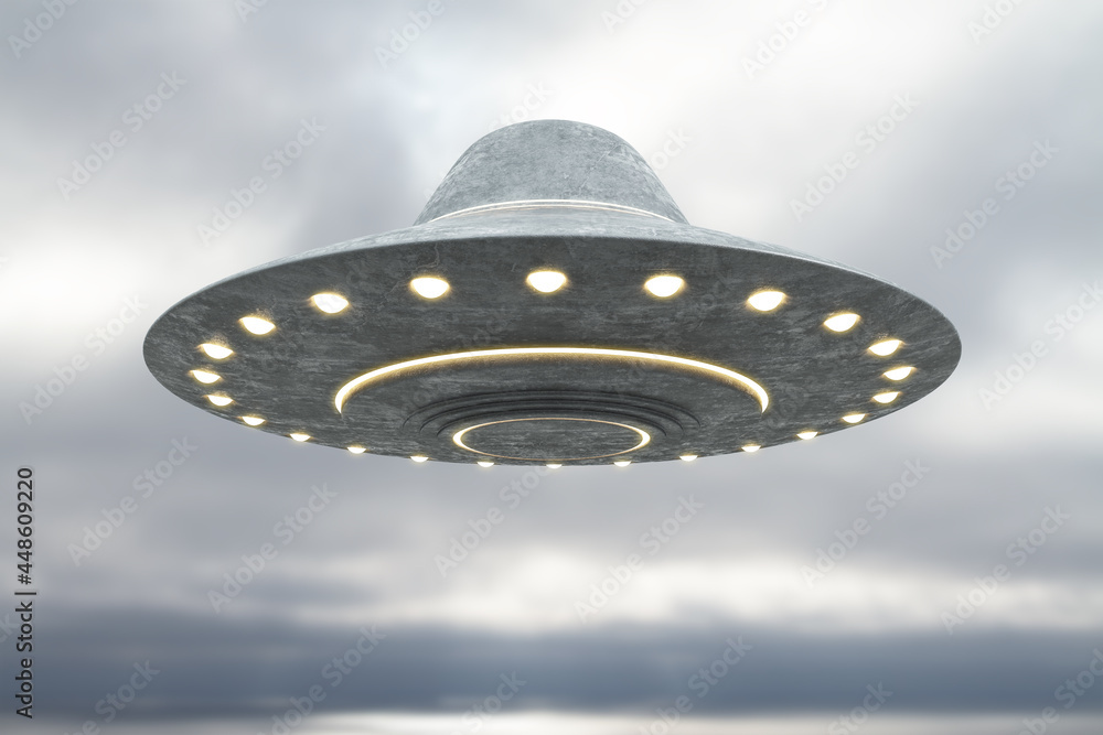 Poster creative grey ufo flying in blurry dull sky with mockup place. spaceship and science concept. 3d ren