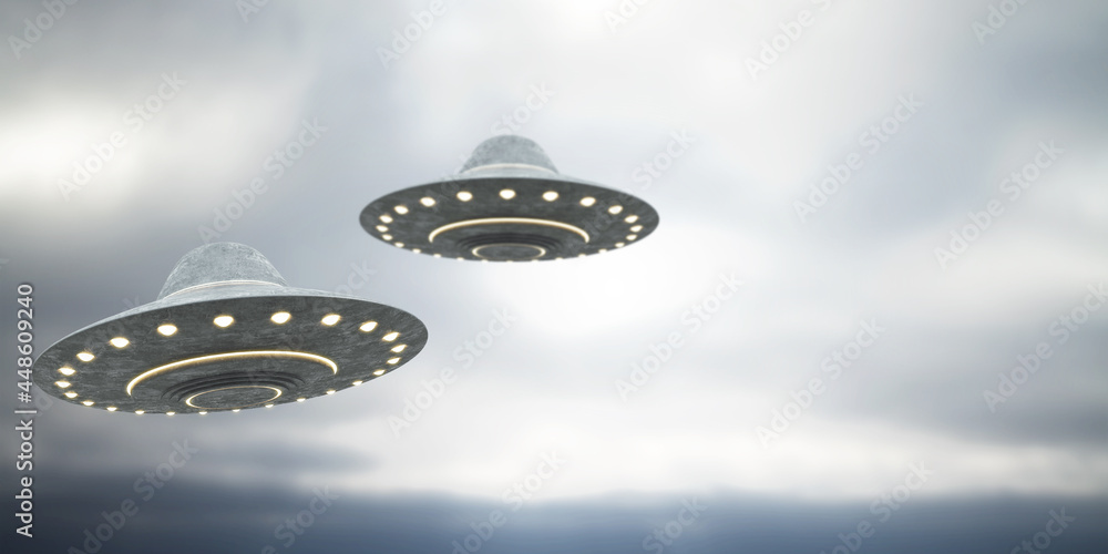 Poster grey ufo flying in dull sky with mock up place. spaceship, invasion, mystery and science concept. 3d