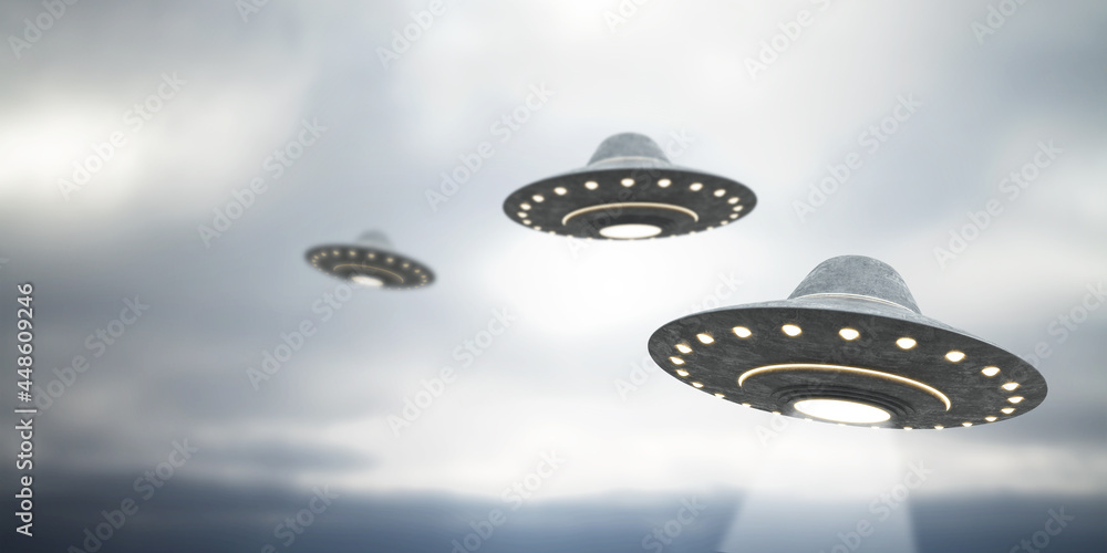 Poster Blurry grey UFO flying in dull sky with mock up place. Spaceship, invasion, mystery and science concept. 3D Rendering.