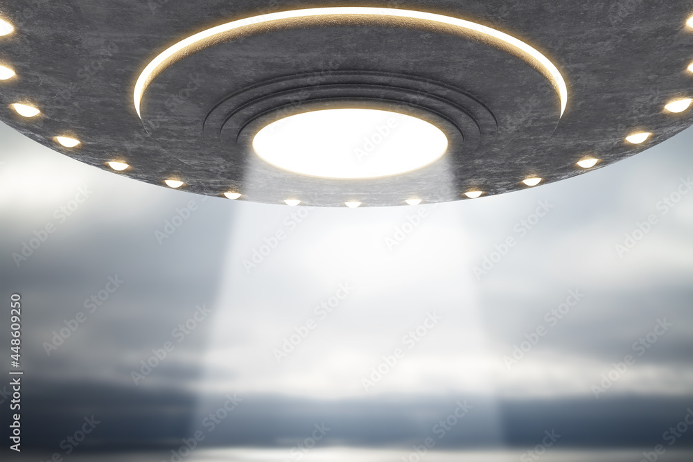Poster abstract grey ufo flying in dull sky with mock up place. spaceship, invasion, mystery and science co