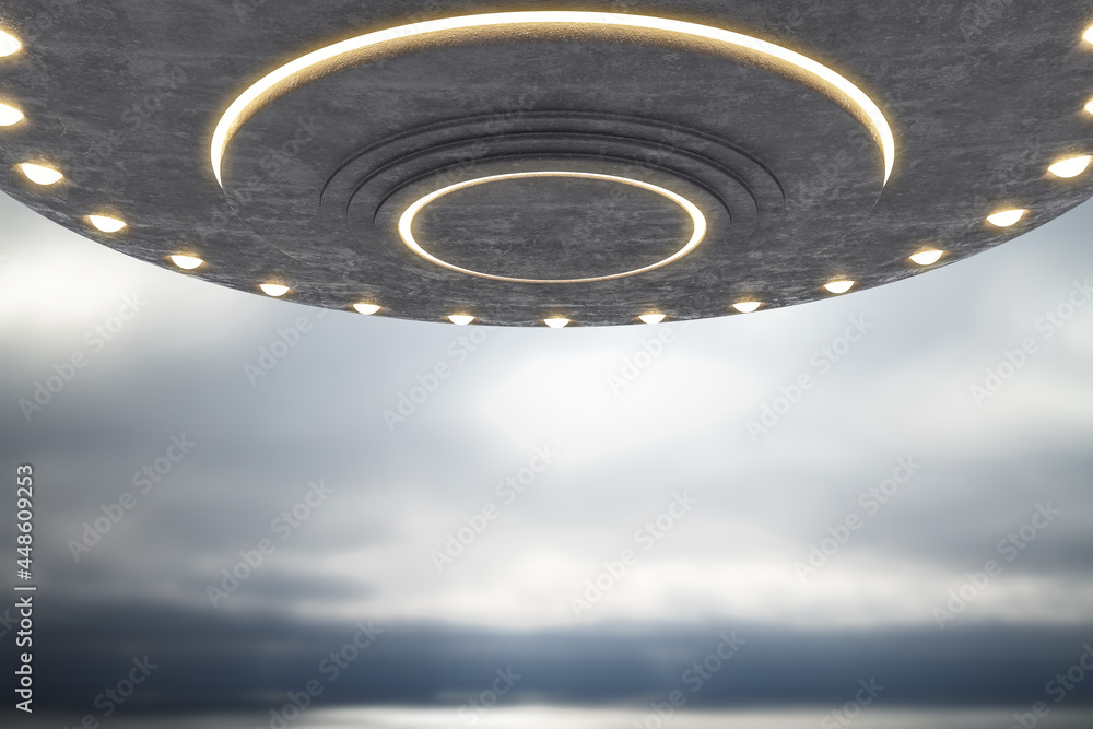 Poster creative grey ufo flying in dull sky with mock up place. spaceship, invasion, mystery and science co