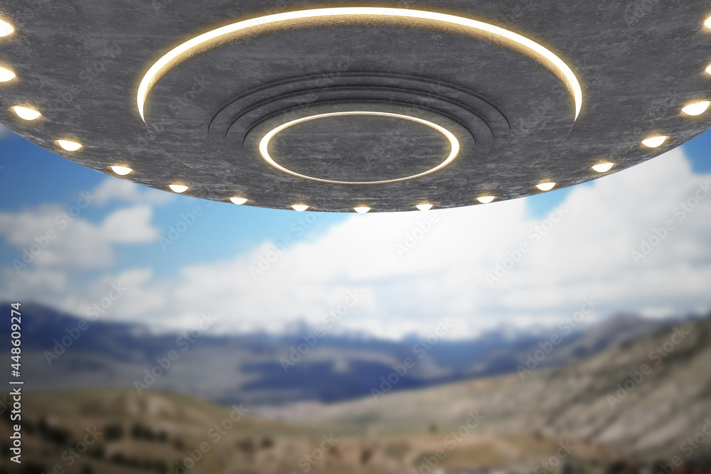 Poster Creative grey UFO flying on beautiful scene background. Spaceship and aliens concept. 3D Rendering.