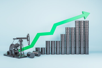 Oil pump and barrels with rising green arrow on white background. Growth and economy concept. 3D...