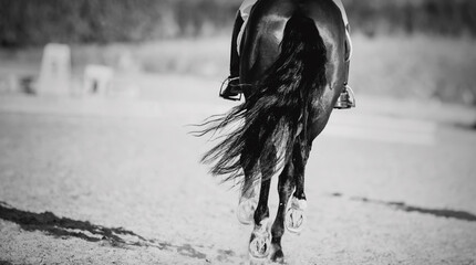 Equestrian sport. The fluttering tail of a horse. The legs of a dressage horse galloping.